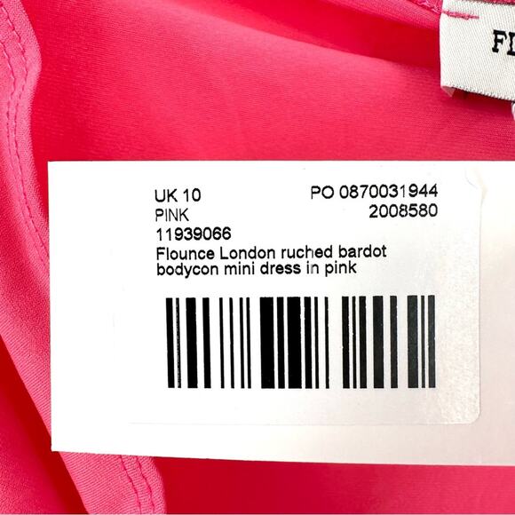ASOS Flounce London ruched bardot bodycon mini dress in pink Size US 6 - Picture 5 of 9